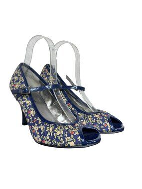 Madden Girl "Mollyyy" Blue Floral Peep Toe Mary Janes, 3" Heel, Size 8